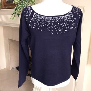 Worth Navy Scoop Neck Top With Crystals and Beads Embellishments New Size L